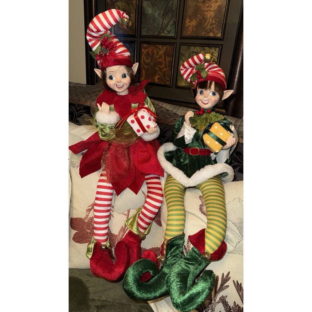 Cynthia Rowley Boy And Girl Christmas Elf Shelf Sitter Doll 25" New Holiday